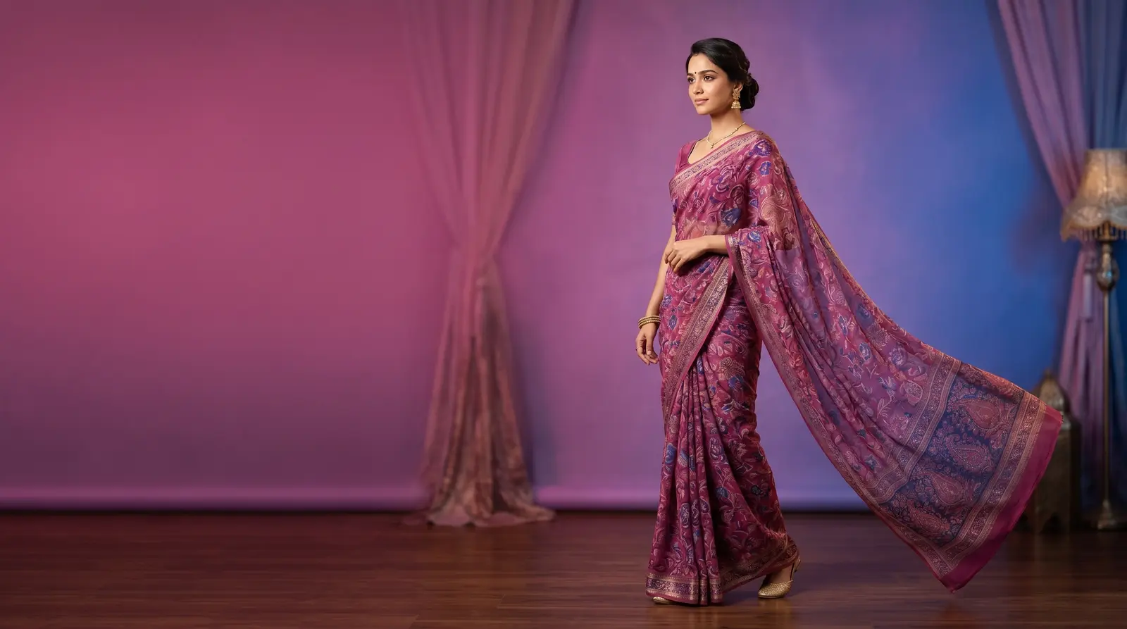 Model wearing a magenta designer printed saree by Sapna Sarees