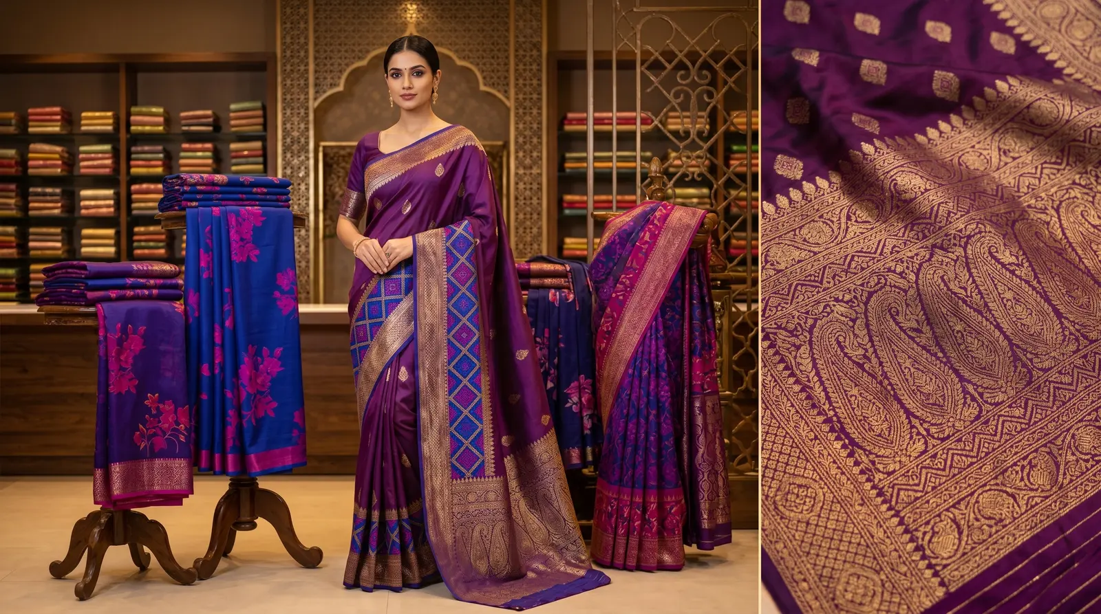 Silk sarees displayed in the Sapna Sarees wholesale showroom, Surat